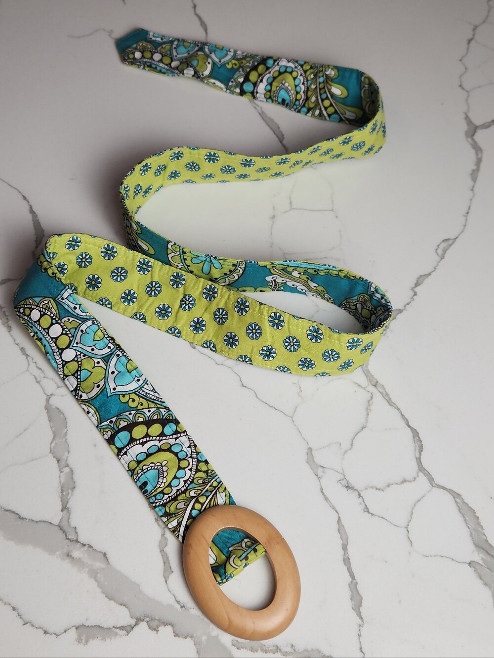 Vera Bradley Reversible Peacock Pattern Fabric Belt with Wooden Buckle